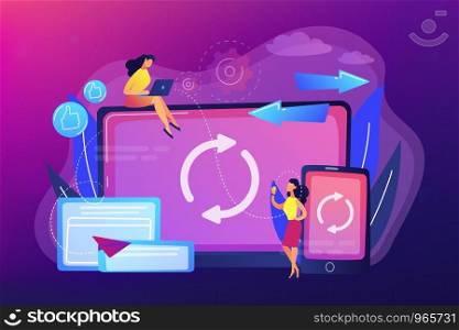 User with laptop and smartphone synchronizing. Cross-device syncing, cross-device synchronization and operation concept on ultraviolet background. Bright vibrant violet vector isolated illustration. Cross-device syncing concept vector illustration.