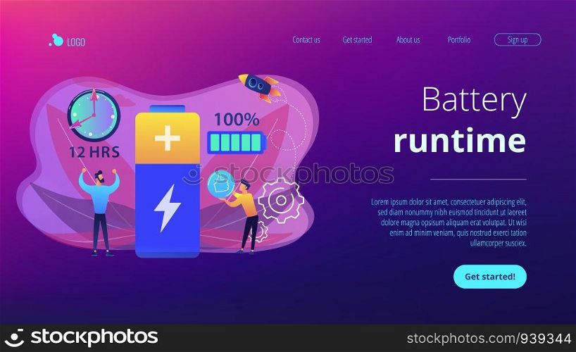 Users and battery performance and longevity with charge indicator and time. Battery runtime, extend runtime technology, long battery life concept. Website vibrant violet landing web page template.. Battery runtime concept landing page.