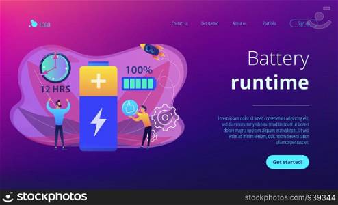Users and battery performance and longevity with charge indicator and time. Battery runtime, extend runtime technology, long battery life concept. Website vibrant violet landing web page template.. Battery runtime concept landing page.