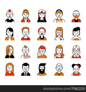 Users icon set in linear style. Various funny characters male and female. Avatar profile human face, man woman characters outline. Vector illustration. Users icon set in linear style. Various funny characters male and female