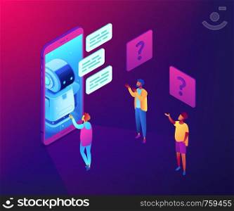 Users in front of huge mobile phone asking chatbot for help. Chatbot technology and online help center, mobile helper, voice assistant concept. Ultraviolet neon vector isometric 3D illustration.. Chatbot technology concept vector isometric illustration.