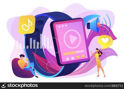 Users listening and huge smartwatch with player icon. Smartwatch player, smartwatch media and portable media player concept on white background. Bright vibrant violet vector isolated illustration. Smartwatch player concept vector illustration.