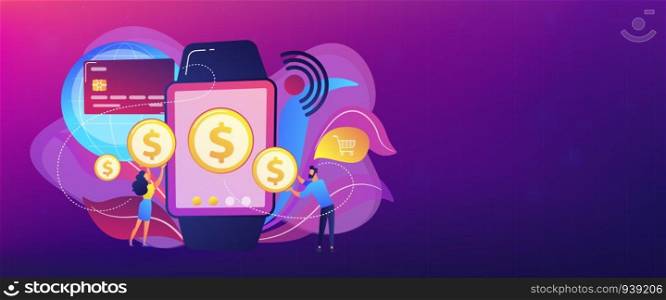 Users shopping and making contactless payment with smartwatch. Smartwatch payment, NFC technology and NFC payment concept on white background. Header or footer banner template with copy space.. Smartwatch payment concept banner header.