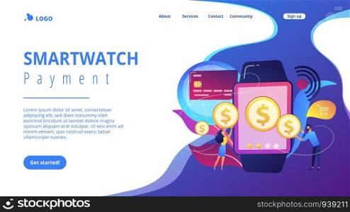 Users shopping and making contactless payment with smartwatch. Smartwatch payment, NFC technology and NFC payment concept on white background. Website vibrant violet landing web page template.. Smartwatch payment concept landing page.