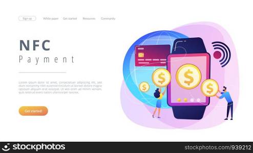 Users shopping and making contactless payment with smartwatch. Smartwatch payment, NFC technology and NFC payment concept on white background. Website vibrant violet landing web page template.. Smartwatch payment concept landing page.