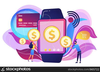 Users shopping and making contactless payment with smartwatch. Smartwatch payment, NFC technology and NFC payment concept on white background. Bright vibrant violet vector isolated illustration. Smartwatch payment concept vector illustration.