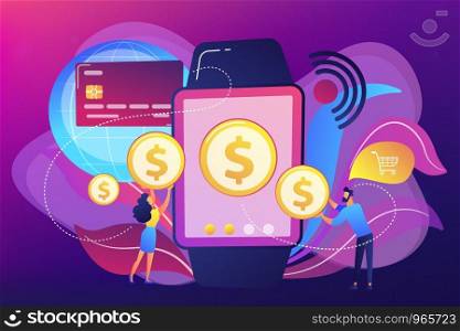 Users shopping and making contactless payment with smartwatch. Smartwatch payment, NFC technology and NFC payment concept on ultraviolet background. Bright vibrant violet vector isolated illustration. Smartwatch payment concept vector illustration.