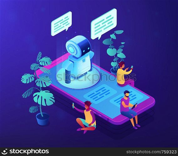 Users with digital gadgets sitting on smartphone screen and chatting with chatbot. Social media bots, messenger chatbot, auto reply software concept. Ultraviolet neon vector isometric 3D illustration.. Messenger chatbot concept vector isometric illustration.