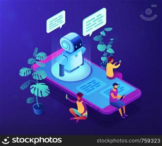 Users with digital gadgets sitting on smartphone screen and chatting with chatbot. Social media bots, messenger chatbot, auto reply software concept. Ultraviolet neon vector isometric 3D illustration.. Messenger chatbot concept vector isometric illustration.