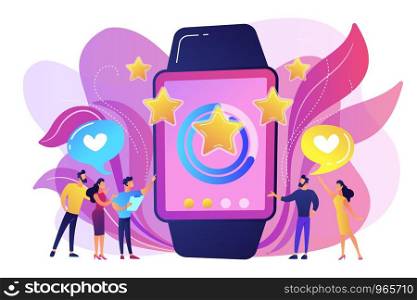 Users with hearts like huge smartwatch with rating stars. Luxury smartwatch, fashion watch and luxury lifestyle concept on white background. Bright vibrant violet vector isolated illustration. Luxury smartwatch concept vector illustration.