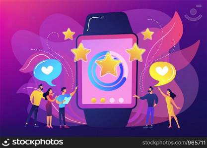 Users with hearts like huge smartwatch with rating stars. Luxury smartwatch, fashion watch and luxury lifestyle concept on ultraviolet background. Bright vibrant violet vector isolated illustration. Luxury smartwatch concept vector illustration.