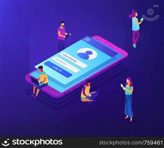 Users with laptops, tablets and smartphone with sign in page log in with name and password. Sign in page, mobile screen, user login form concept. Ultraviolet neon vector isometric 3D illustration.. Sign in page isometric 3D concept illustration.