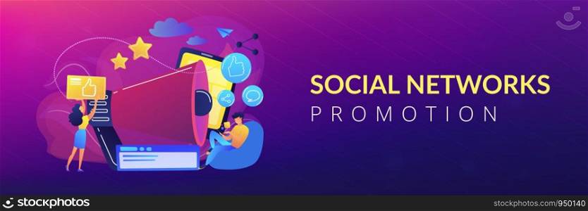 Users with like and share icons and megaphone. Like comment share giveaway, social networks promotion, like farming concept on white background. Header or footer banner template with copy space.. Social networks promotion concept banner header.