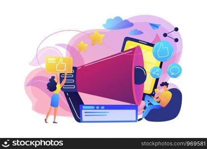 Users with like and share icons and megaphone. Like comment share giveaway, social networks promotion, like farming concept on white background. Bright vibrant violet vector isolated illustration. Social networks promotion concept vector illustration.