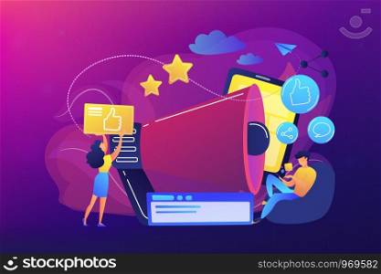 Users with like, share icons and megaphone. Like comment share giveaway, social networks promotion, like farming concept on ultraviolet background. Bright vibrant violet vector isolated illustration. Social networks promotion concept vector illustration.
