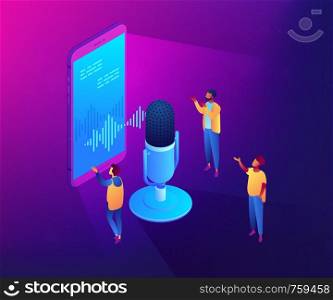 Users with microphone talk to voice assistant in smartphone. Personal voice assistant, voice recognition, soundwave intelligent technologies concept. Ultraviolet neon vector isometric 3D illustration.. Personal voice assistant isometric 3D concept illustration.