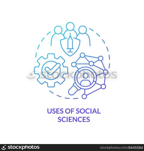 Uses of social sciences blue gradient concept icon. Prevention measures. Pandemic preparedness abstract idea thin line illustration. Isolated outline drawing. Myriad Pro-Bold fonts used. Uses of social sciences blue gradient concept icon
