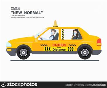 Using a taxi In which people have to wear a mask and that requires a barrier to Prevent the outbreak from covid19. in the taxi. to maintain physical distance. New normal (New way of life).
