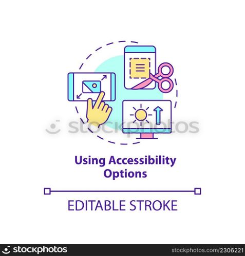 Using accessibility options concept icon. Digital basic foundation skills abstract idea thin line illustration. Isolated outline drawing. Editable stroke. Arial, Myriad Pro-Bold fonts used. Using accessibility options concept icon