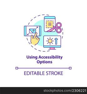 Using accessibility options concept icon. Digital basic foundation skills abstract idea thin line illustration. Isolated outline drawing. Editable stroke. Arial, Myriad Pro-Bold fonts used. Using accessibility options concept icon