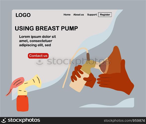 Using breast pump landing page template. Flat cartoon style. Vector illustration.. Using breast pump landing page.