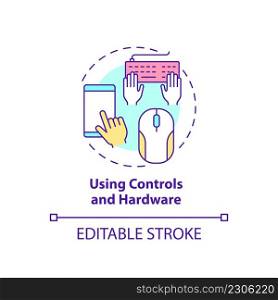 Using controls and hardware concept icon. Digital basic foundation skills abstract idea thin line illustration. Isolated outline drawing. Editable stroke. Arial, Myriad Pro-Bold fonts used. Using controls and hardware concept icon