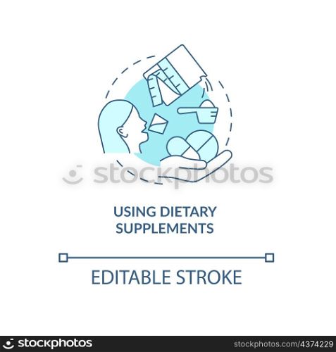 Using dietary supplements turquoise concept icon. Weight loss food additives abstract idea thin line illustration. Isolated outline drawing. Editable stroke. Roboto-Medium, Myriad Pro-Bold fonts used. Using dietary supplements turquoise concept icon