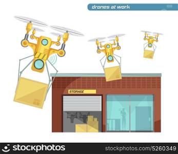 Using Drone Flat Illustration. Using radio controlled drones for post delivery flat vector illustration