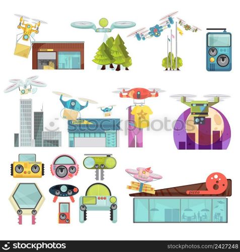 Using drone for delivery mail and pizza flat set isolated on white background vector illustration. Using Drone Flat Set