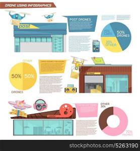 Using Drone Infographics. Flat infographics with information about using cargo and food delivery drones vector illustration