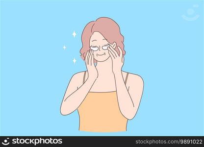 Using eye patches and cosmetics concept. Portrait of smiling retiree woman with closed eyes applying nourishment under eyes for looking fresh in morning vector illustration . Using eye patches and cosmetics concept