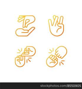 Using gestures for communication pixel perfect gradient linear vector icons set. Interaction process. Hands position. Thin line contour symbol designs bundle. Isolated outline illustrations collection. Using gestures for communication pixel perfect gradient linear vector icons set