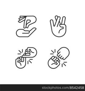 Using gestures for communication pixel perfect linear icons set. Interaction and expression. Hands position. Customizable thin line symbols. Isolated vector outline illustrations. Editable stroke. Using gestures for communication pixel perfect linear icons set
