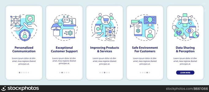 Using IoT for business reasons onboarding mobile app screen. Digital walkthrough 5 steps editable graphic instructions with linear concepts. UI, UX, GUI template. Myriad Pro-Bold, Regular fonts used. Using IoT for business reasons onboarding mobile app screen