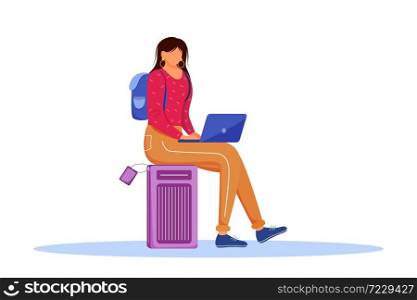 Using laptop during trip flat vector illustration. Booking hotel online. Working as freelancer while travelling abroad. Voyage preparation isolated cartoon character on white background. Using laptop during trip flat vector illustration