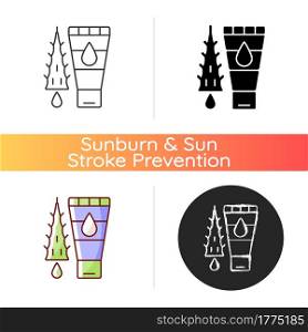 Using moisturizing lotion icon. Gel with aloe vera oil for sunburn treatment. Soothing lotion for skin. Herbal cosmetics. Linear black and RGB color styles. Isolated vector illustrations. Using moisturizing lotion icon