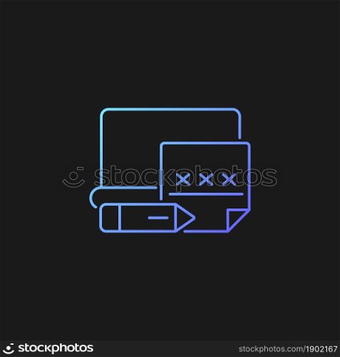 Using post it to remember password gradient vector icon for dark theme. Write down information. Password management. Thin line color symbol. Modern style pictogram. Vector isolated outline drawing. Using post it to remember password gradient vector icon for dark theme