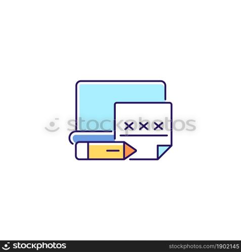 Using post it to remember password RGB color icon. Write down important information. Security info on paper sheet. Password management. Isolated vector illustration. Simple filled line drawing. Using post it to remember password RGB color icon