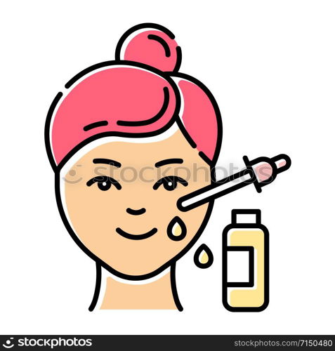 Using serum color icon. Skin care procedure. Facial beauty treatment. Lifting and exfoliating effect. Oil product for skin. Dermatology, cosmetics, makeup. Isolated vector illustration