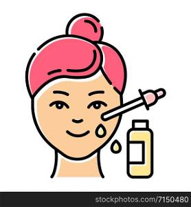 Using serum color icon. Skin care procedure. Facial beauty treatment. Lifting and exfoliating effect. Oil product for skin. Dermatology, cosmetics, makeup. Isolated vector illustration