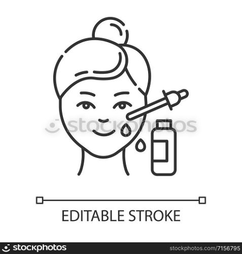 Using serum linear icon. Skin care procedure. Facial beauty treatment. Oil product for skin. Thin line illustration. Contour symbol. Vector isolated outline drawing. Editable stroke