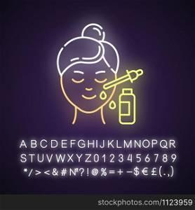 Using serum neon light icon. Skin care procedure. Lifting and exfoliating. Oil product for skin. Dermatology, cosmetics. Glowing sign with alphabet, numbers and symbols. Vector isolated illustration