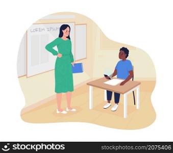 Using smartphone during class 2D vector isolated illustration. Female teacher and schoolboy with phone flat characters on cartoon background. Negative impact on educational process colourful scene. Using smartphone during class 2D vector isolated illustration