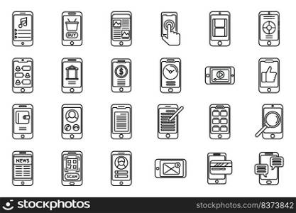 Using smartphone icons set outline vector. App addiction. Audio phone. Using smartphone icons set outline vector. App addiction