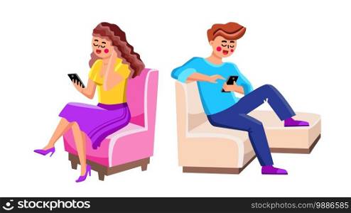 Using Smartphones Man And Woman People Vector. Happy Smiling Young Boy And Girl Couple Sitting On Chair And Use Smartphones. Characters Holding Mobile Phones Flat Cartoon Illustration. Using Smartphones Man And Woman People Vector