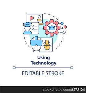 Using technology concept icon. Micro learning strategy abstract idea thin line illustration. Virtual reality training. Isolated outline drawing. Editable stroke. Arial, Myriad Pro-Bold fonts used. Using technology concept icon