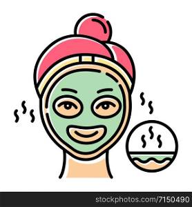 Using thermal mask color icon. Skin care procedure. Facial beauty treatment to open up pores. Face product for cleansing effect. Dermatology, cosmetics, makeup. Isolated vector illustration