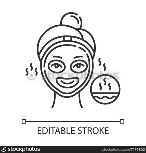 Using thermal mask linear icon. Skin care procedure. Facial beauty treatment. Dermatology, cosmetics, makeup. Thin line illustration. Contour symbol. Vector isolated outline drawing. Editable stroke