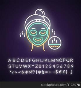 Using thermal mask neon light icon. Skincare procedure. Facial treatment to open up pores. Dermatology, cosmetics, makeup. Glowing sign with alphabet, numbers and symbols. Vector isolated illustration