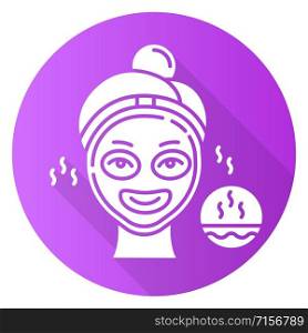 Using thermal mask purple flat design long shadow glyph icon. Skin care procedure. Facial beauty treatment to open up pores. Face product for cleansing effect. Vector silhouette illustration